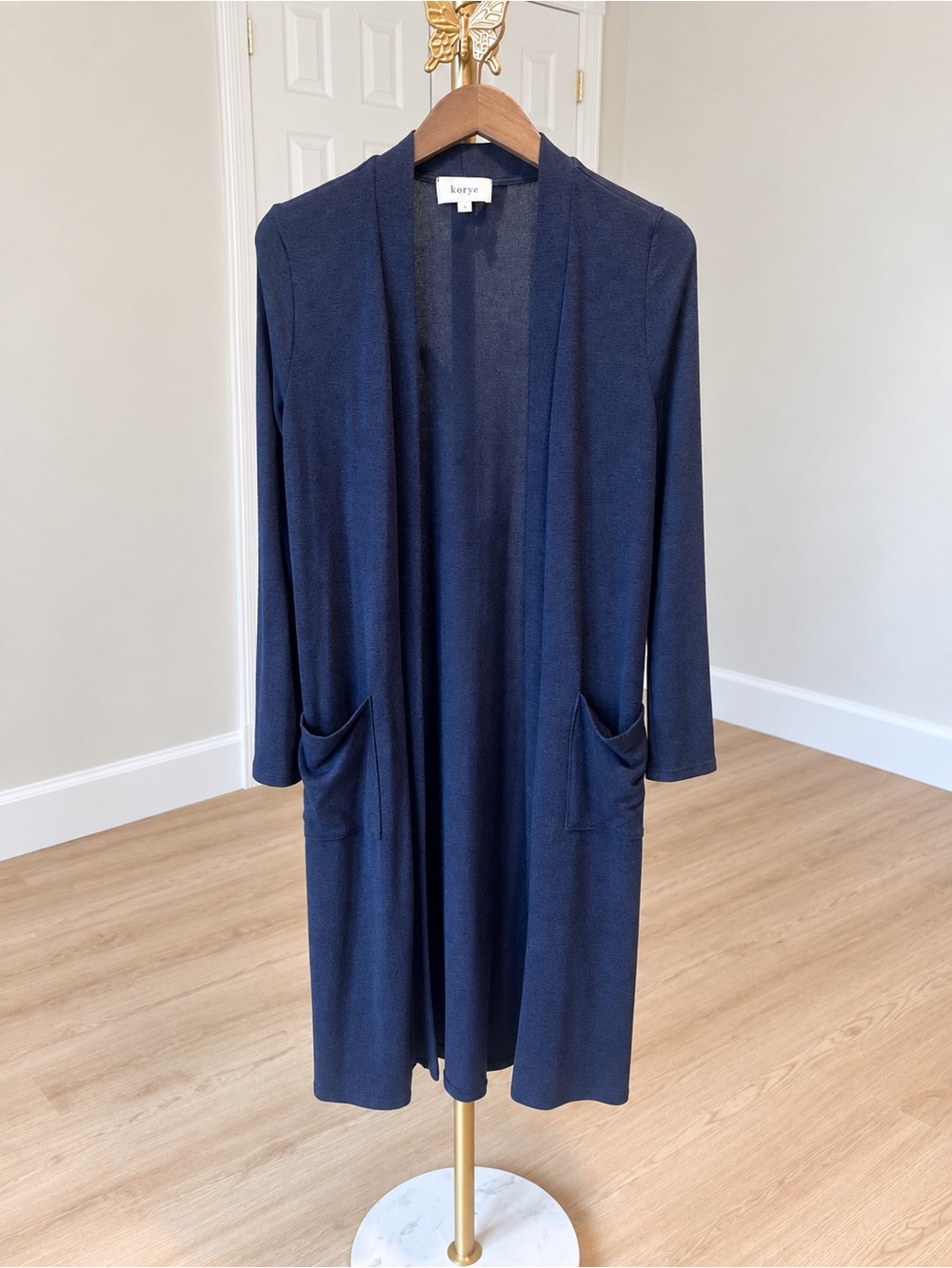 Korye Open-Front Long Duster Cardigan with Pockets - Navy Blue